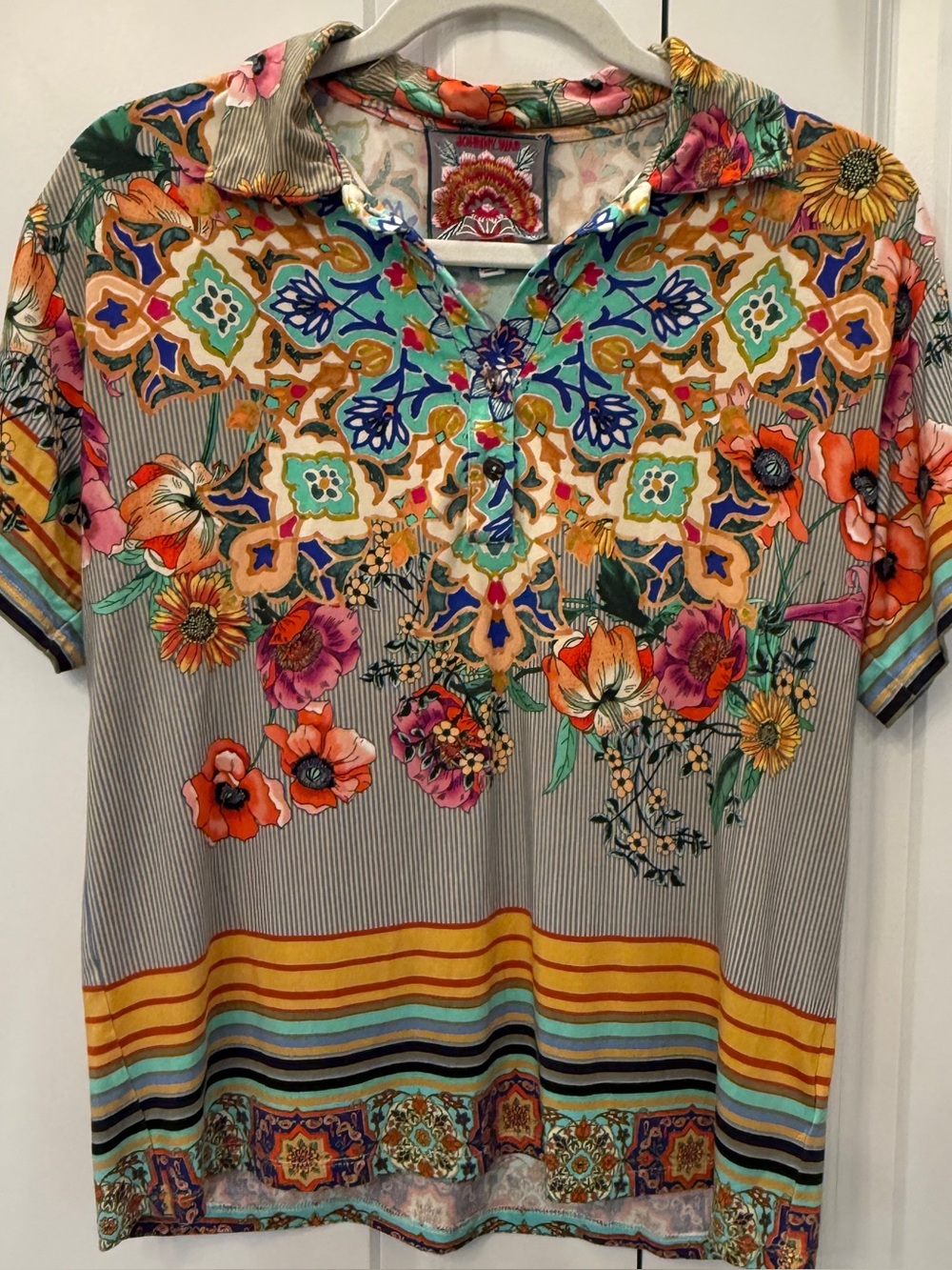 Johnny Was Multicolor Floral Stripe Short Sleeve Polo